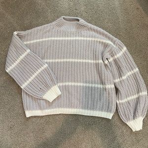 Striped Mock Neck Drop Shoulder Sweater